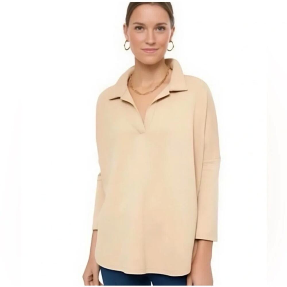 TUCKERNUCK x POMANDER PLACE Easy Polo Swing Sweatshirt Tan Sz M/L $138 {OO40} - Picture 2 of 6